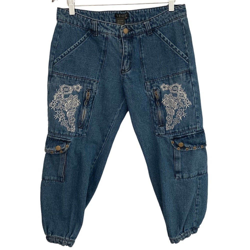 Venus Embroidered Y2K Cropped Denim Cargo Style Jeans 8